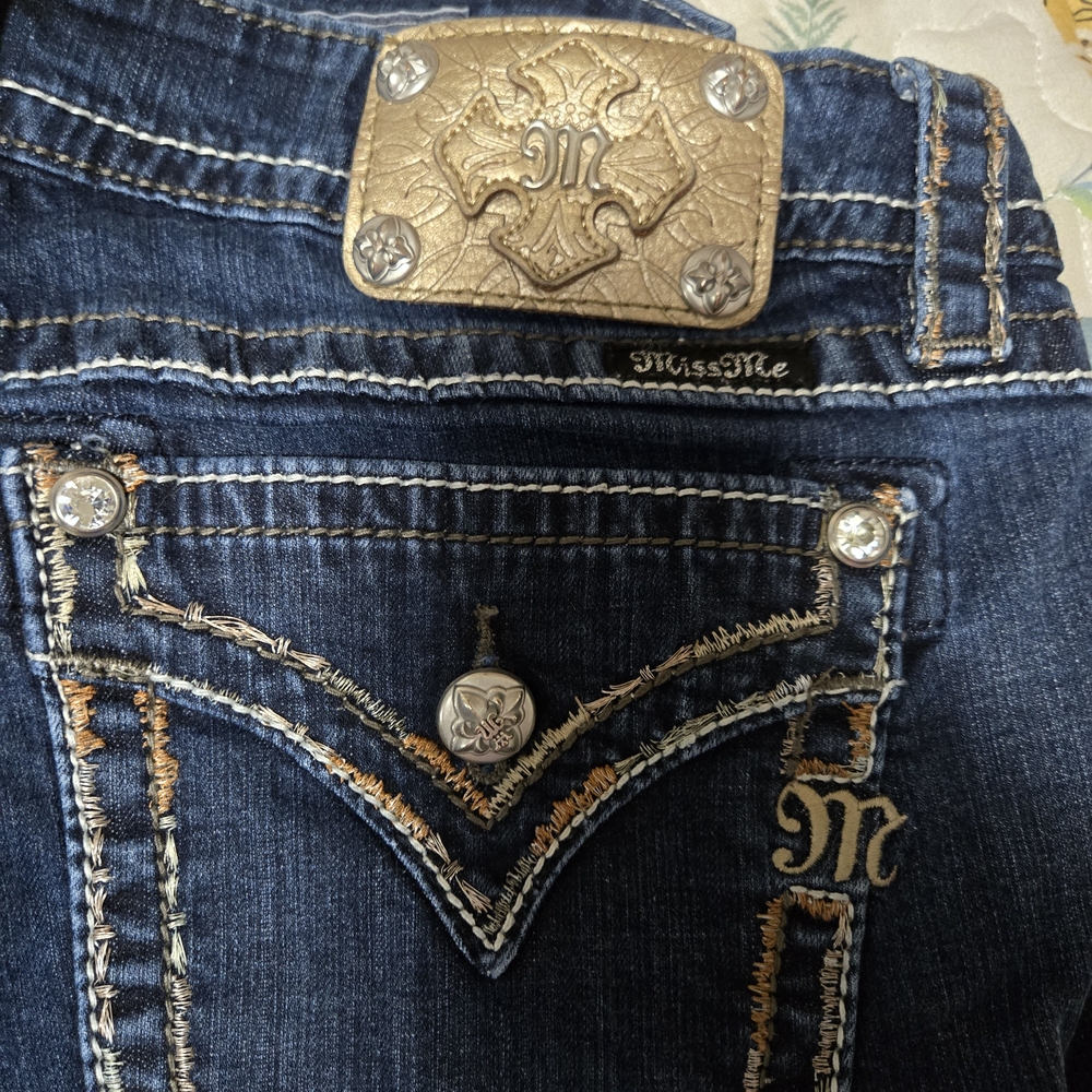 Miss Me Dark Blue Skinny Jeans with Silver Accents - Picture 3 of 11
